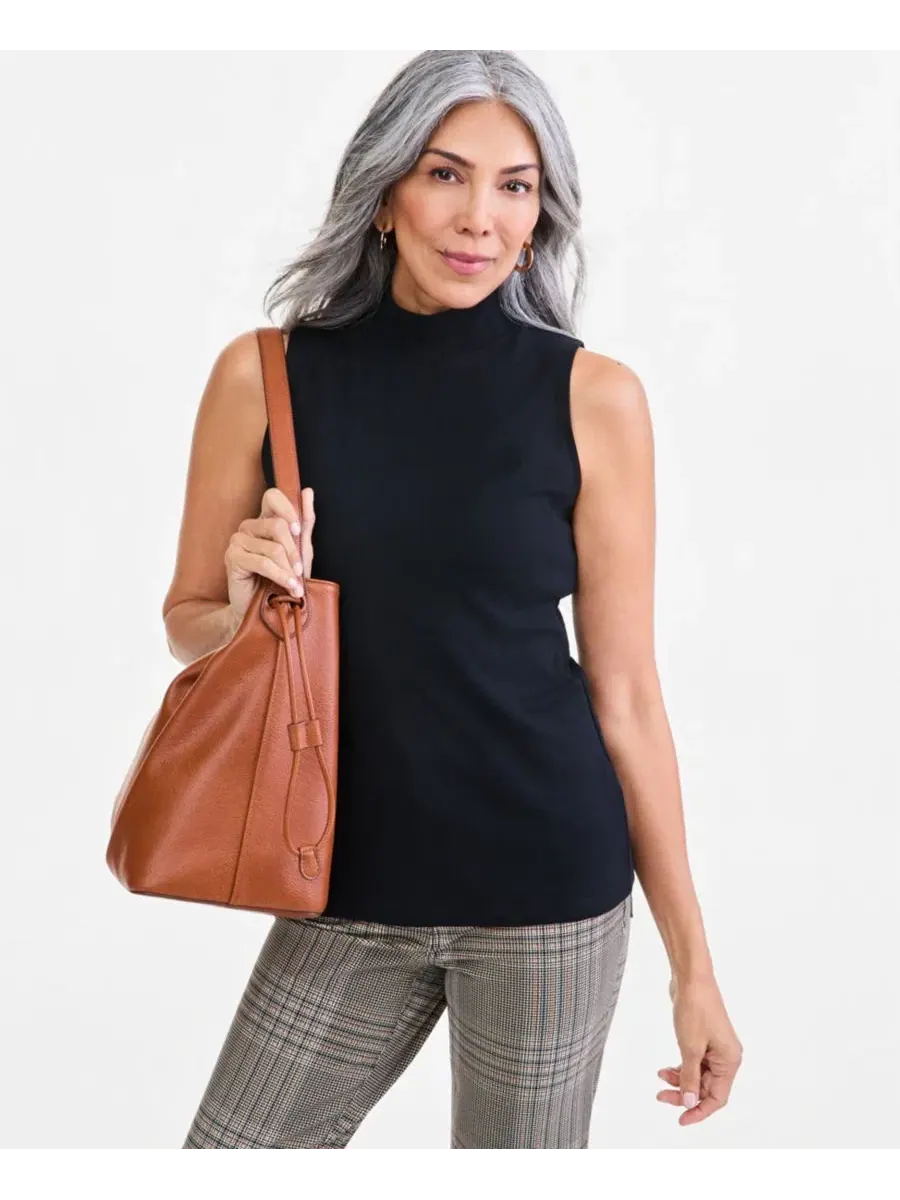 Маечка без рукавов с хлопка, Petite Mock Neck Sleeveless Cotton Tank Top Style & Co — изображение 1 из 3, глубокий черный