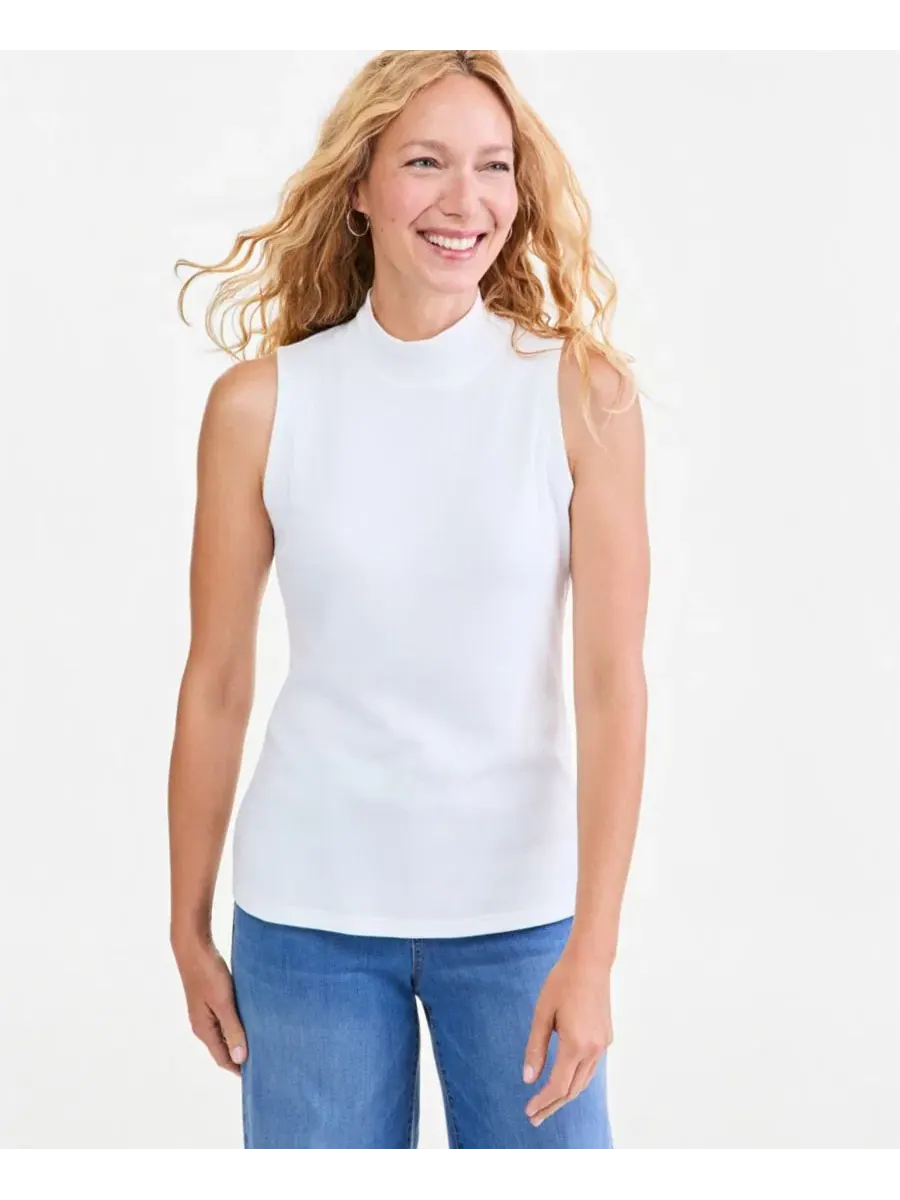 Топ без рукавов с хлопка, Petite Mock Neck Sleeveless Cotton Tank Top Style & Co — изображение 1 из 4, яркий белый