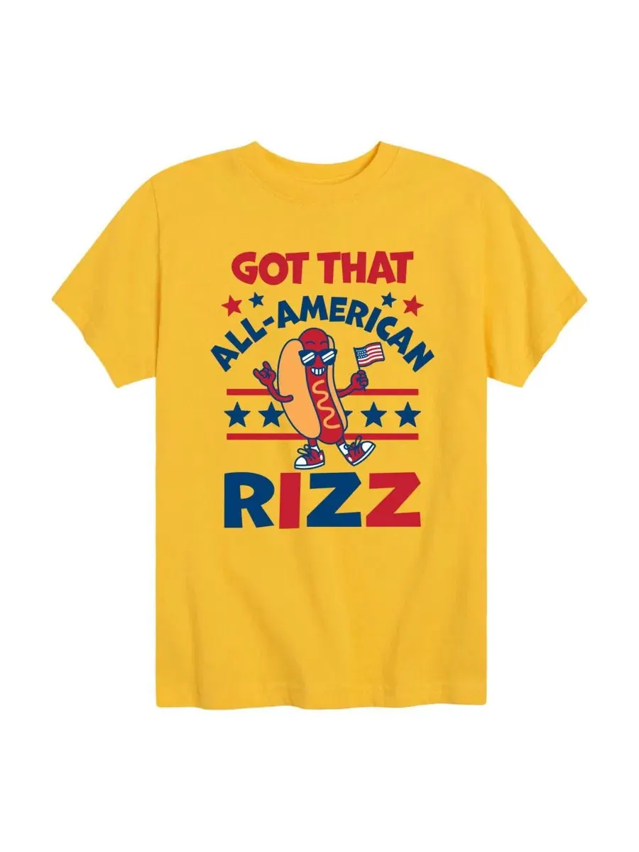 Детская футболка с коротким рукавом и графическим принтом "All American Rizz Hotdog" для мальчиков — желтый