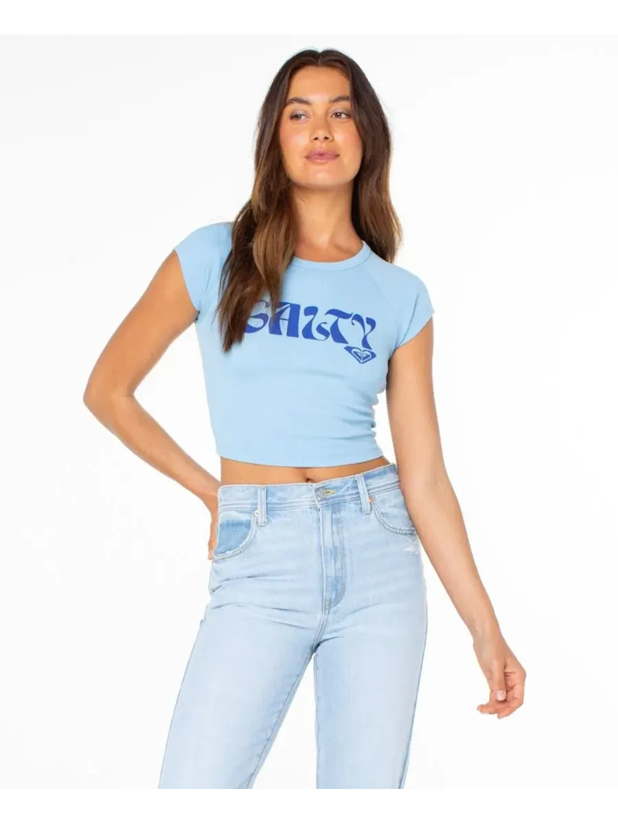 Женский укороченный топ с коротким рукавом Salty Feels Roxy — изображение 1 из 3, синий