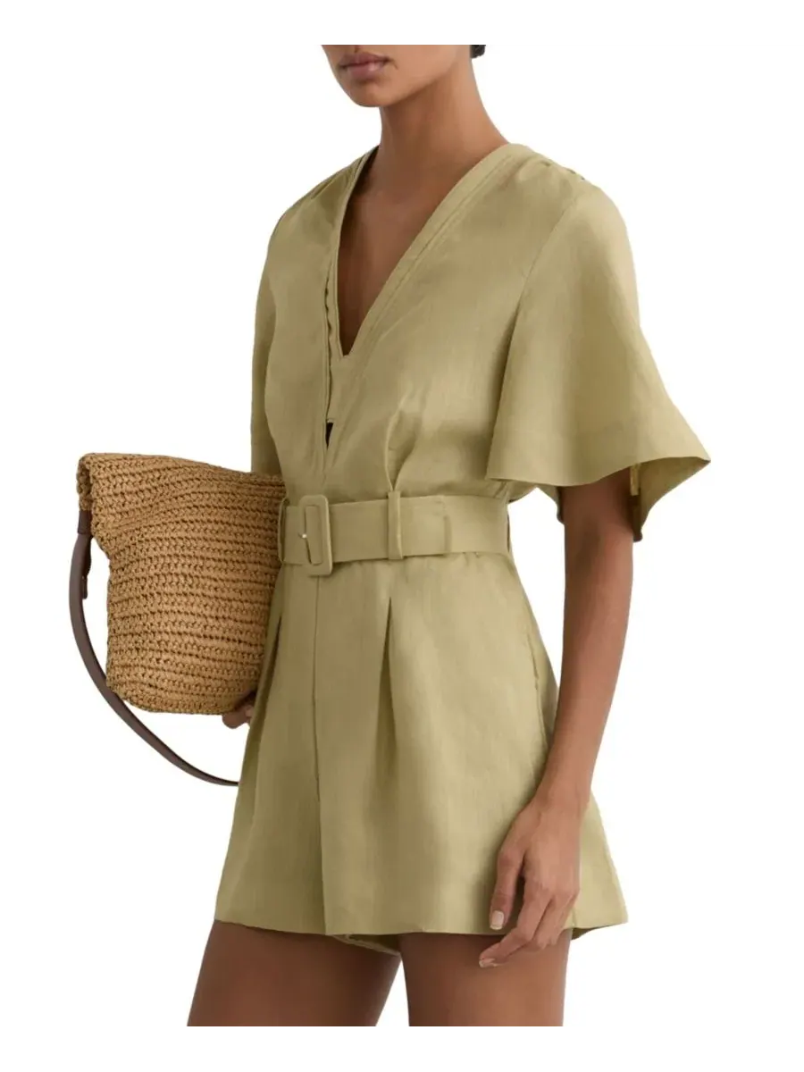 Комбинезон-ромпер Sansi Linen Belted Short-Sleeve REISS — изображение 2 из 5, зеленый