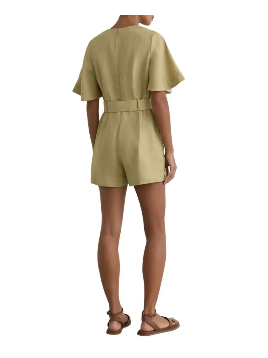 Комбинезон-ромпер Sansi Linen Belted Short-Sleeve REISS — изображение 3 из 5, зеленый