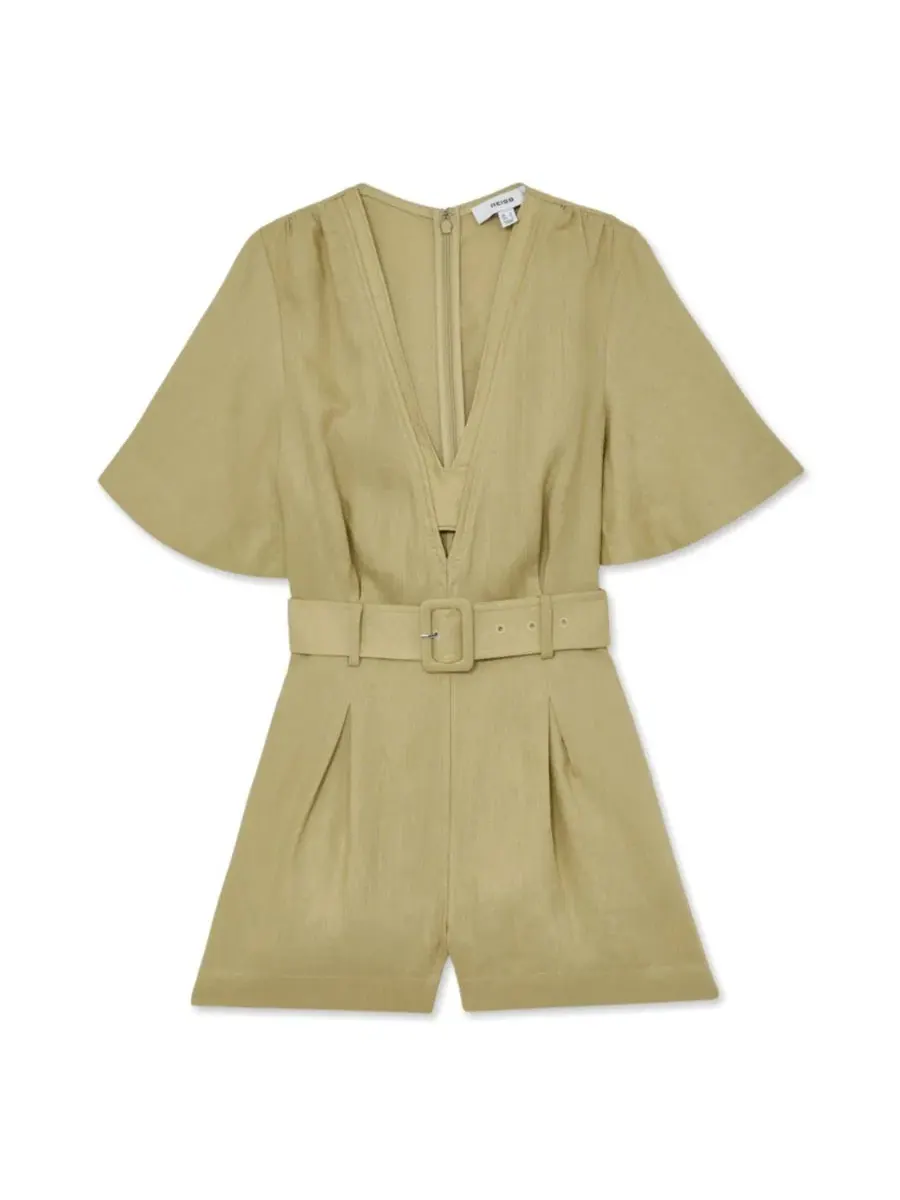 Комбинезон-ромпер Sansi Linen Belted Short-Sleeve REISS — изображение 5 из 5, зеленый