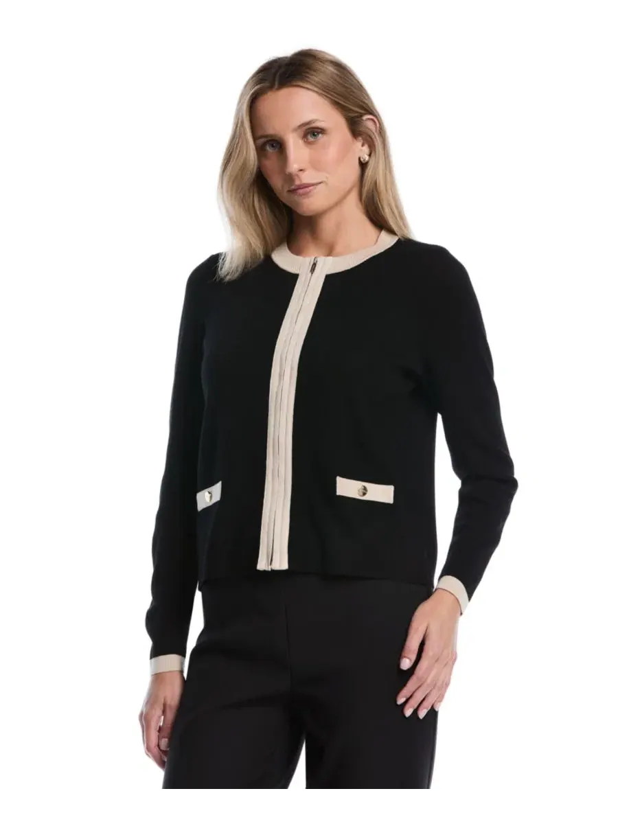 Кардиган с воротником-хомутом и цветовым блоком, Petite Colorblock Zip-Up Crewneck Cardigan Rafaella — изображение 1 из 5