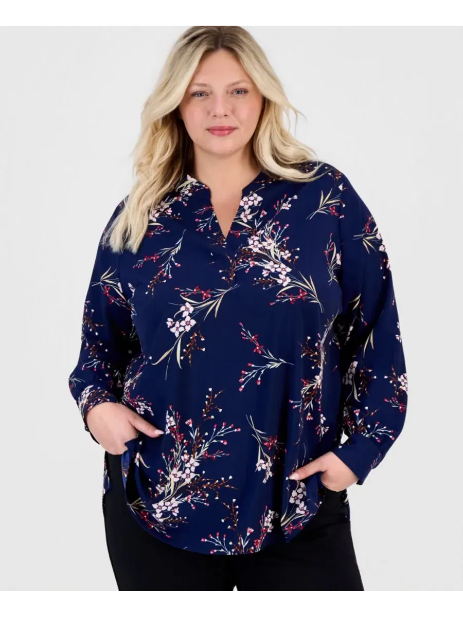 Блуза с принтом, модель Half Placket Popover Floral Jones New York — изображение 1 из 4, темно-синий мульти