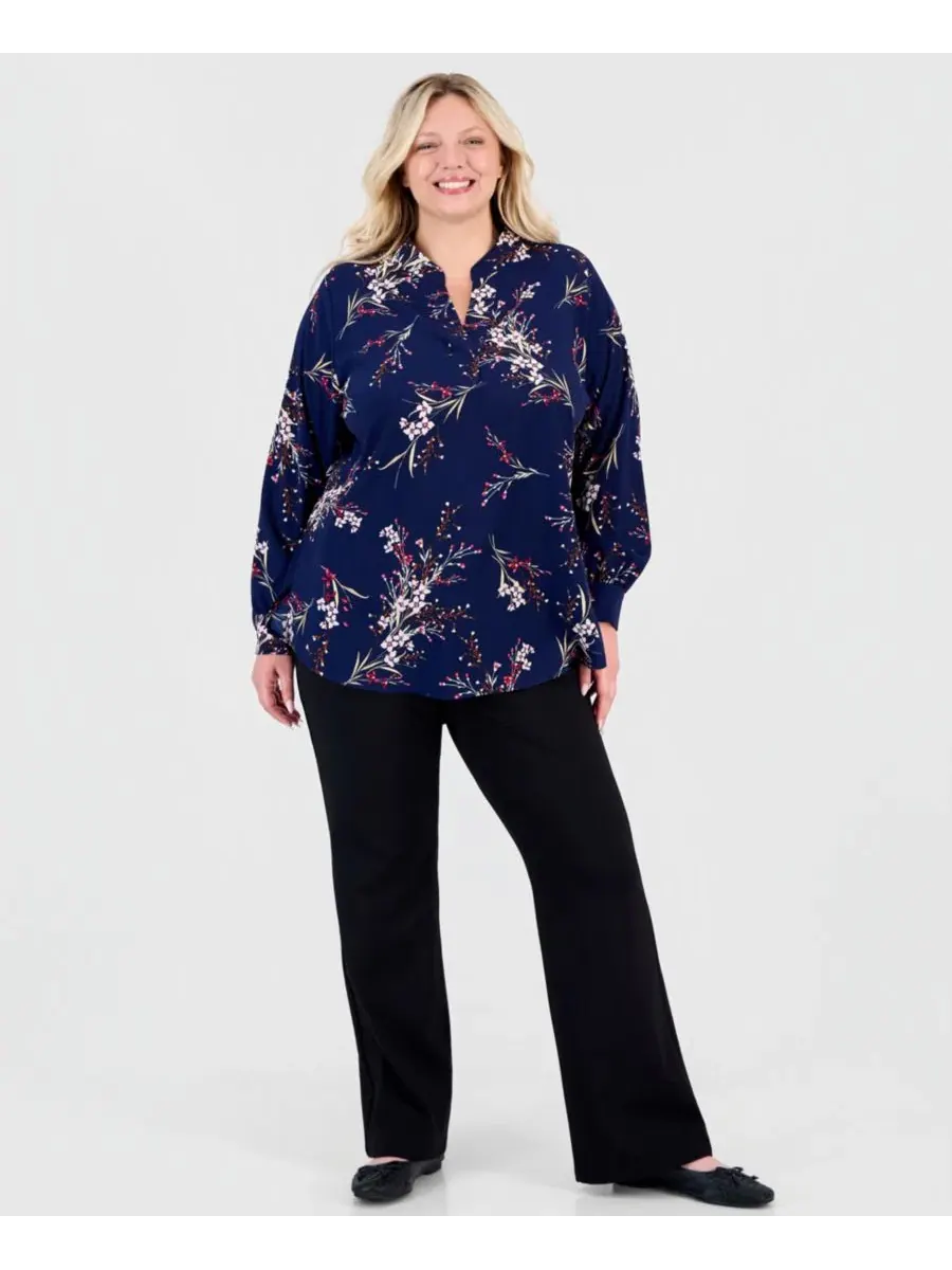 Блуза с принтом, модель Half Placket Popover Floral Jones New York — изображение 2 из 4, темно-синий мульти