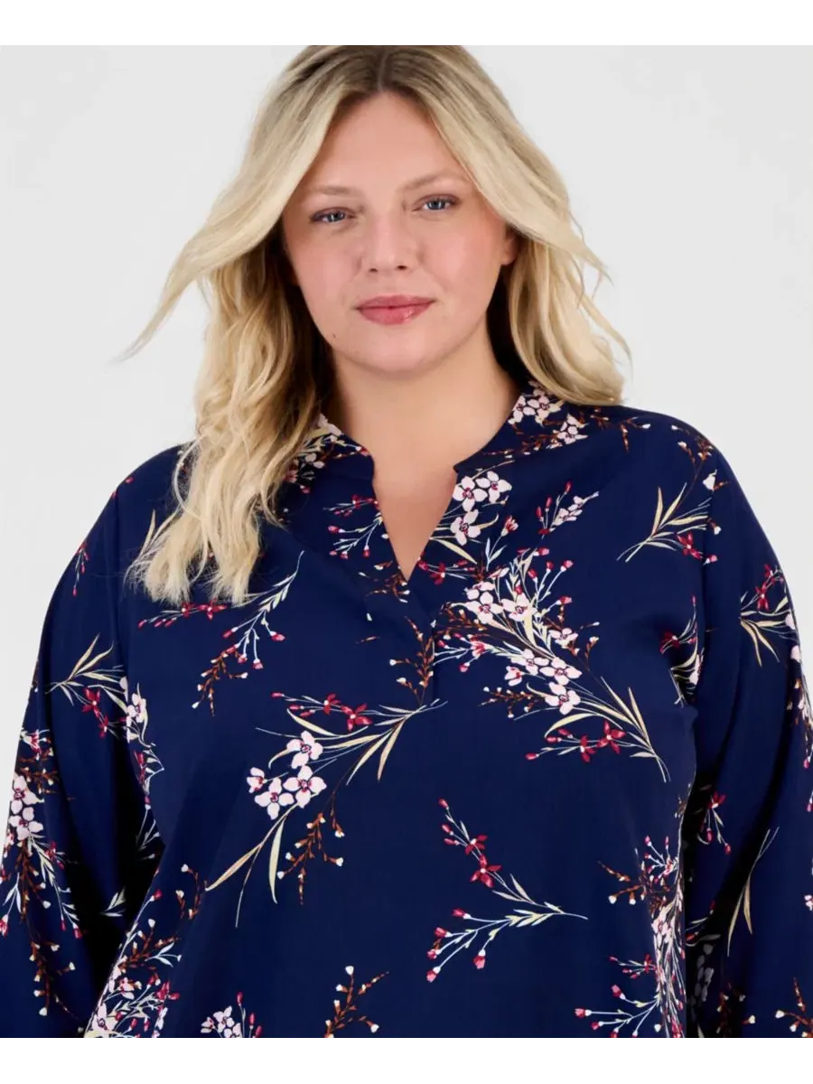 Блуза с принтом, модель Half Placket Popover Floral Jones New York — изображение 4 из 4, темно-синий мульти