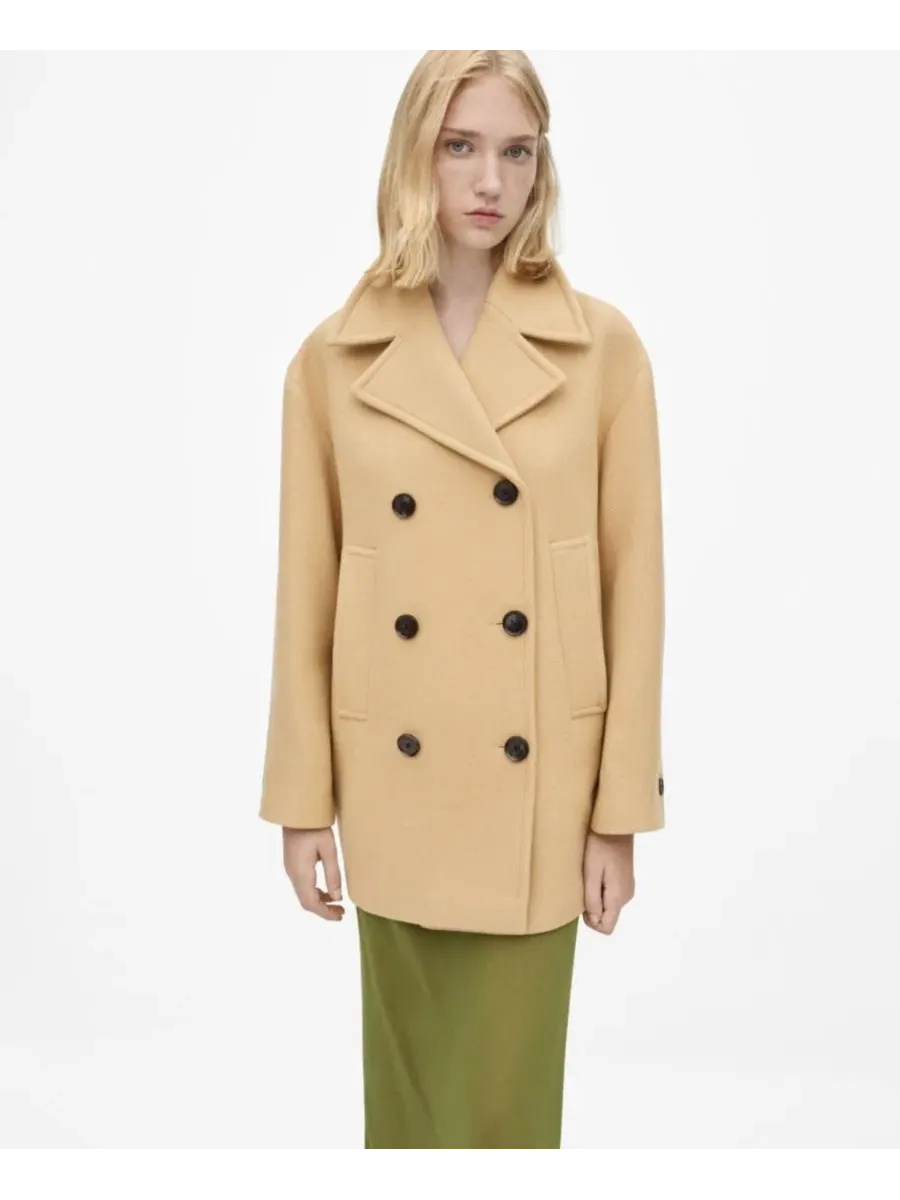 Пальто двубортное из верблюжьей шерсти Mango — изображение 1 из 7, коричневый