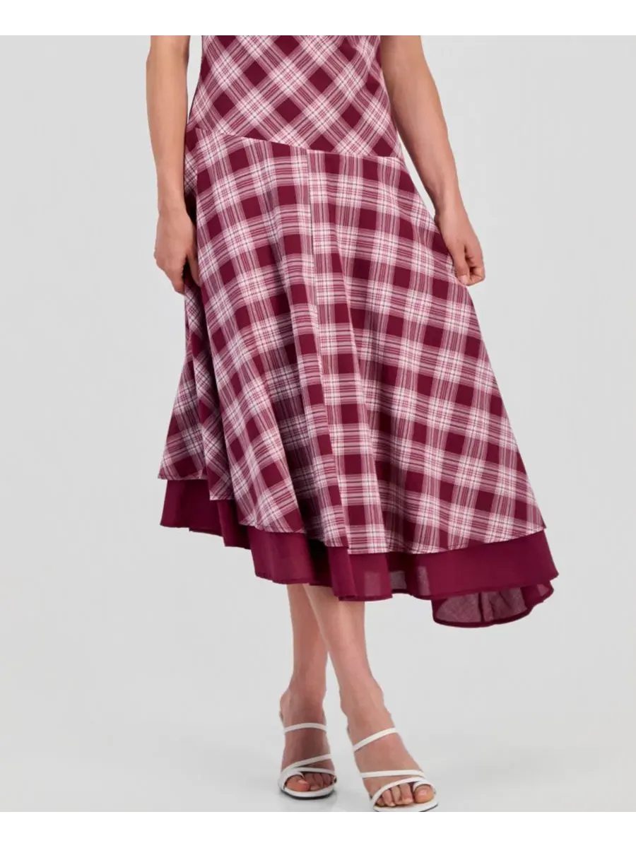 Платье макси с асимметричным подолом и квадратным вырезом, модель Petite Plaid Asymmetrical — изображение 4 из 5, винный