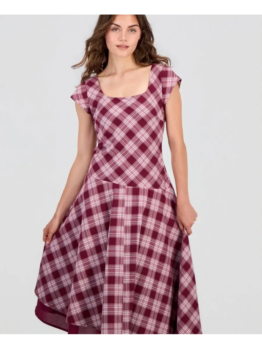 Платье макси с асимметричным подолом и квадратным вырезом, модель Petite Plaid Asymmetrical — изображение 5 из 5, винный