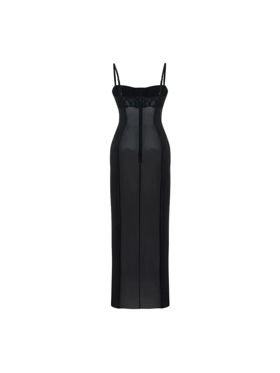 Платье-макси с бретельками и кружевной отделкой Daydreamers Strappy Dress With Tulle Detail PCFG — изображение 6 из 6, черный