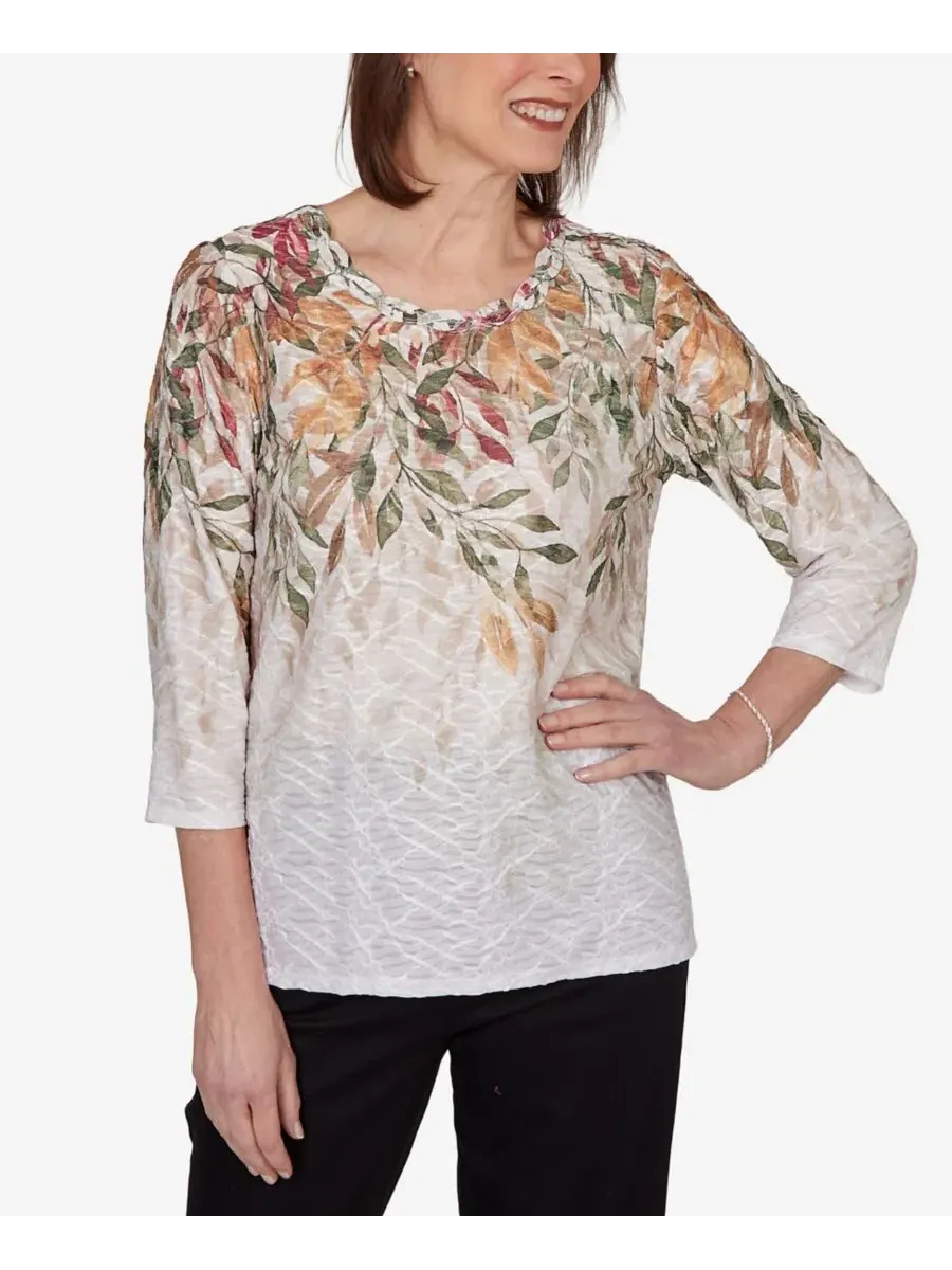 Топ с принтом Autumn Leaves Braided Neck Alfred Dunner — изображение 1 из 5, бежевый