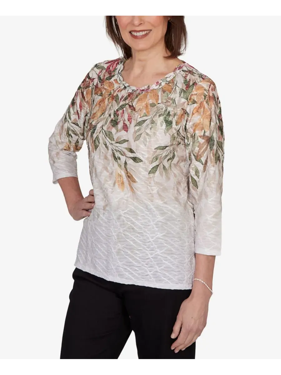 Топ с принтом Autumn Leaves Braided Neck Alfred Dunner — изображение 2 из 5, бежевый