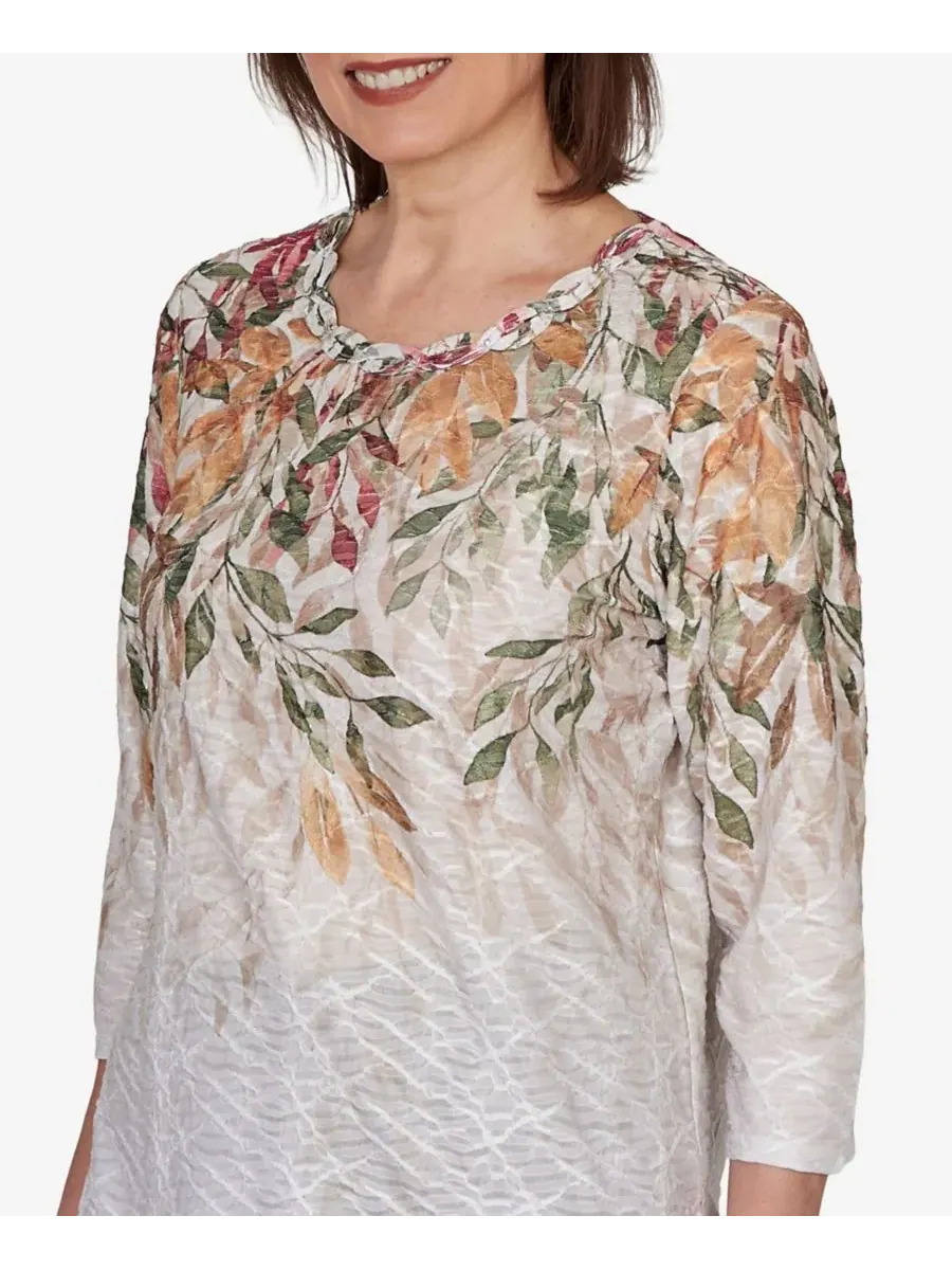 Топ с принтом Autumn Leaves Braided Neck Alfred Dunner — изображение 4 из 5, бежевый