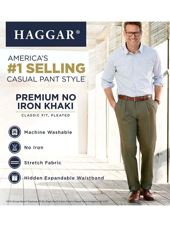 Мужские классические брюки Premium No Iron цвета хаки со складками и скрытой эластичной вставкой на — 6