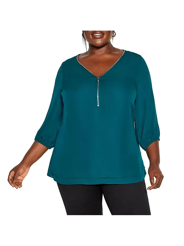 Топ с молнией на шее и рукавом 3/4 Plus Size Fashion Fling CITY CHIC — изображение 1 из 2, зеленый