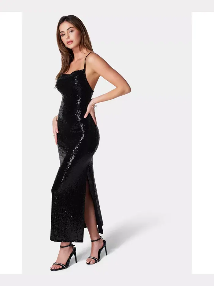 Женское платье SPAGHETTI GOWN длинное облегающее макси Bebe — изображение 4 из 4, черный