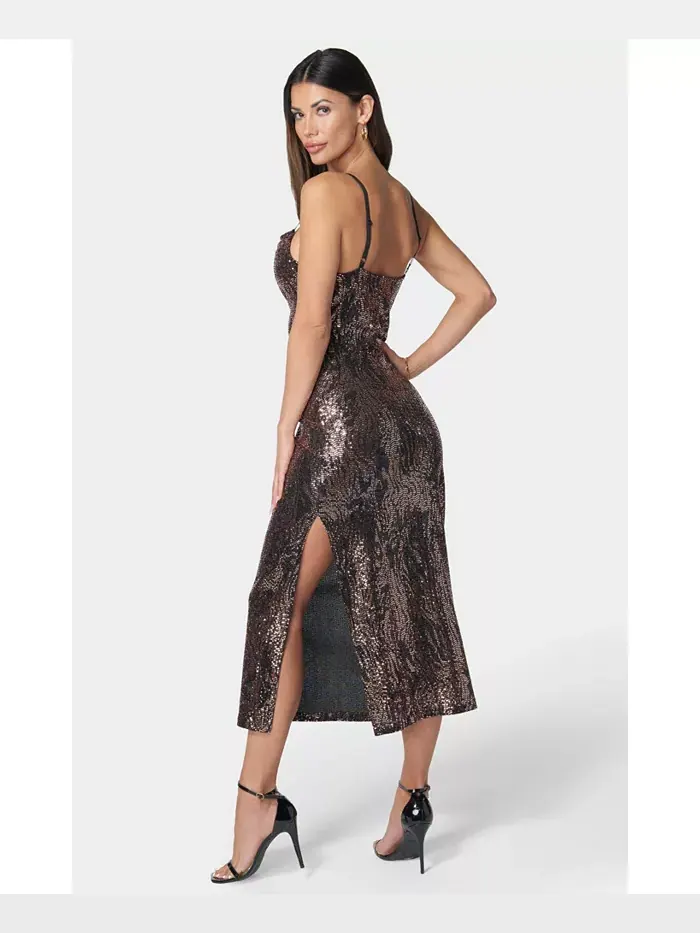 Женское платье SPAGHETTI GOWN длинное облегающее макси Bebe — изображение 2 из 4, черный золотистый