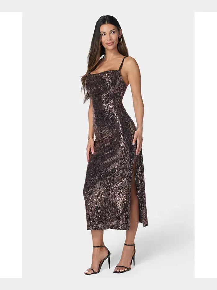 Женское платье SPAGHETTI GOWN длинное облегающее макси Bebe — изображение 3 из 4, черный золотистый