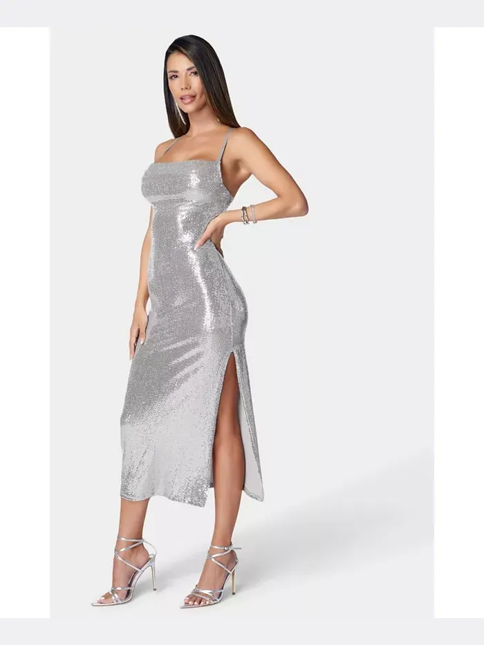 Женское платье SPAGHETTI GOWN длинное облегающее макси Bebe — изображение 3 из 4, серебристый