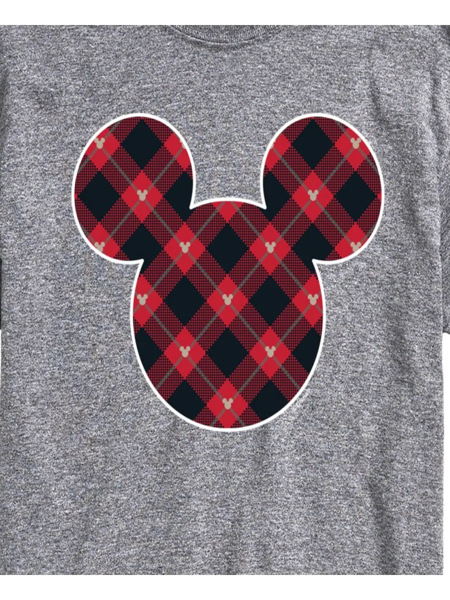 Мужская футболка с коротким рукавом и графическим принтом в клетку с ушками Микки Мауса от Disney — изображение 3 из 3, серый