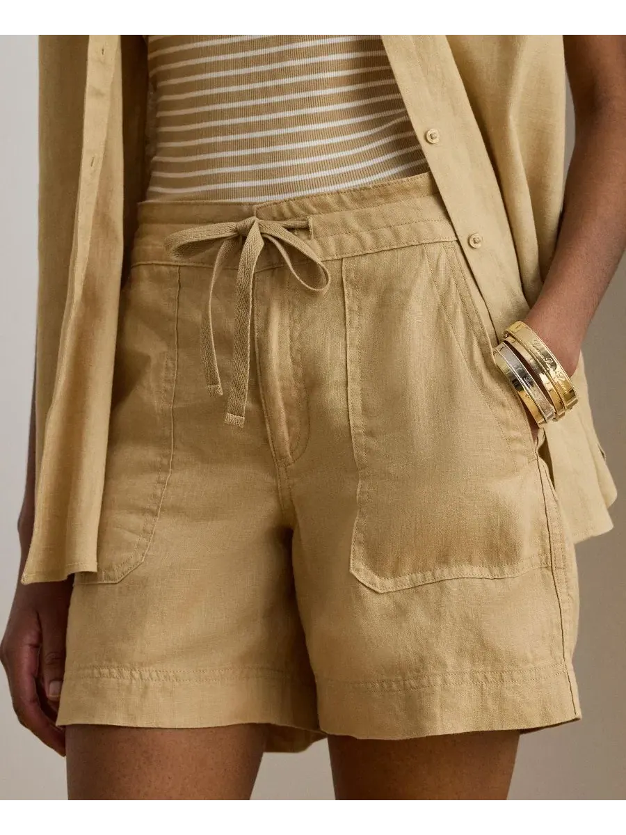 Женские льняные шорты с широкими штанинами и высокой посадкой Lauren Ralph Lauren — изображение 4 из 11, бежевый