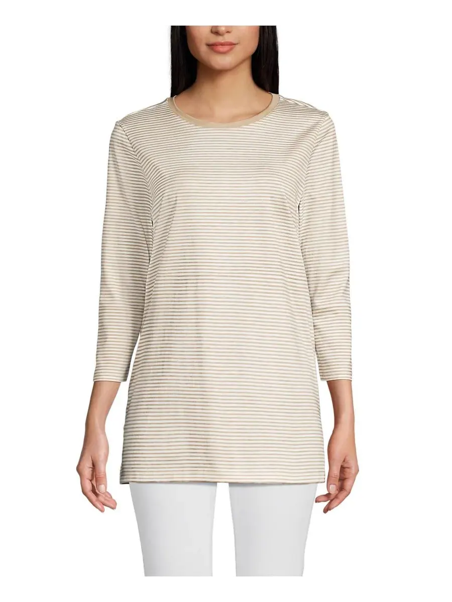 Женская туника из хлопка с рукавами из ткани супима Lands' End, Champagne Micro Stripe — изображение 1 из 3