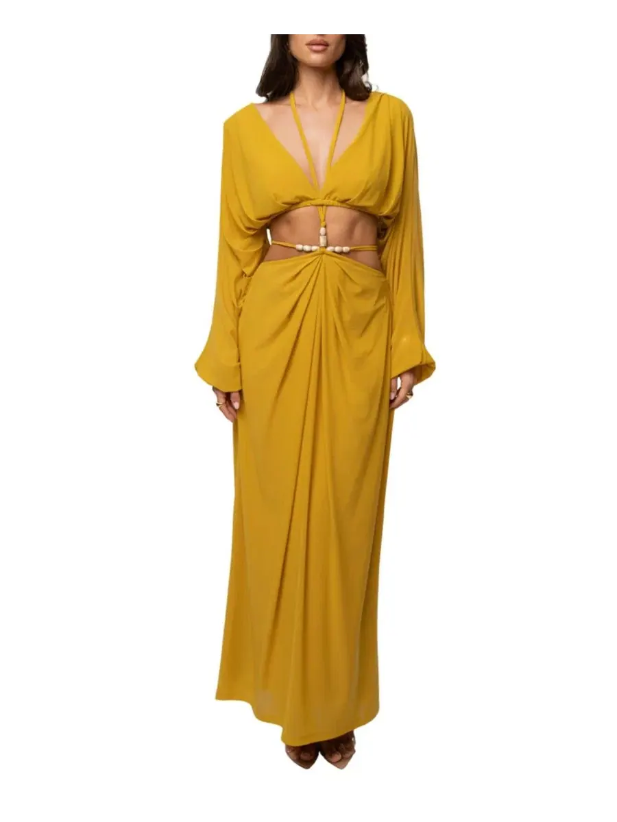 Комплект из топа и длинной юбки с драпировкой, с абстрактным принтом, Selene Draped Top and Hera — изображение 1 из 7, желтый