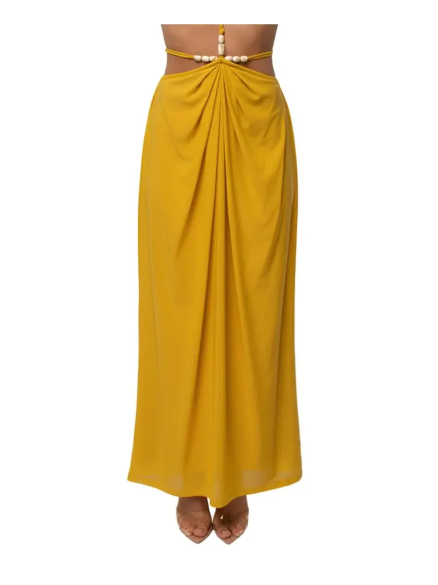 Комплект из топа и длинной юбки с драпировкой, с абстрактным принтом, Selene Draped Top and Hera — изображение 4 из 7, желтый