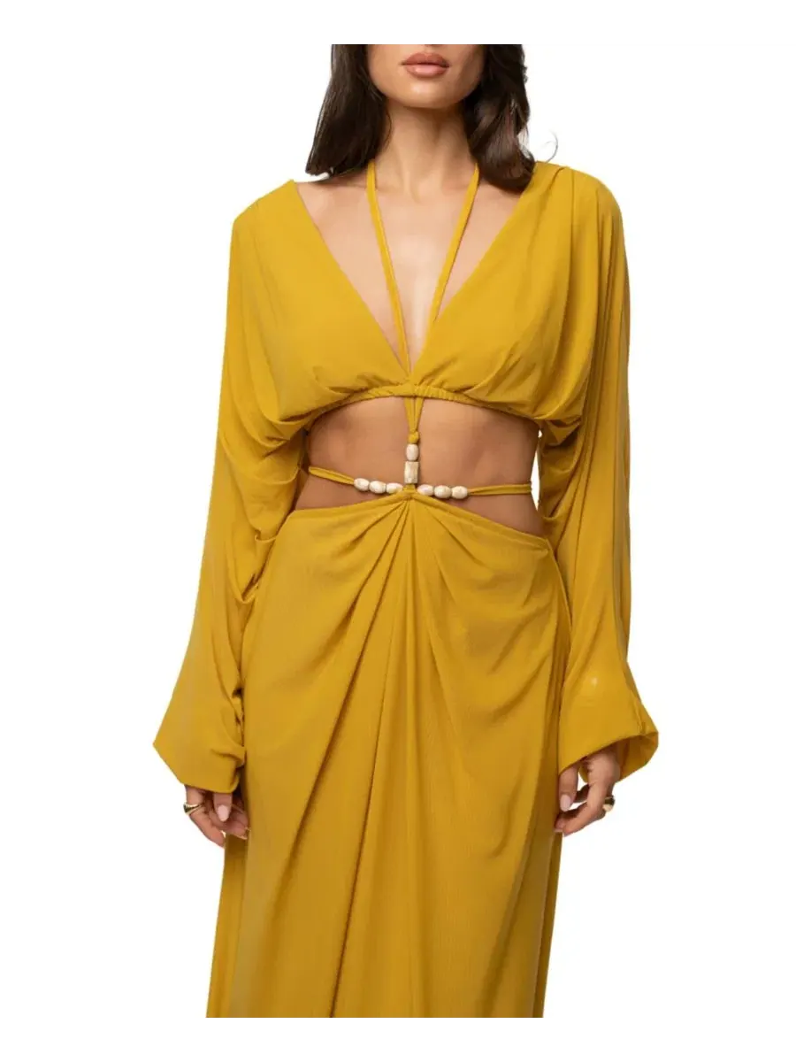 Комплект из топа и длинной юбки с драпировкой, с абстрактным принтом, Selene Draped Top and Hera — изображение 7 из 7, желтый