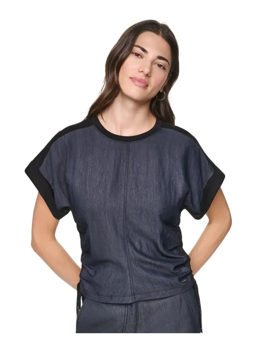 Топ с боковой драпировкой из тяжелого хлопка DKNY — изображение 1 из 9, темный индиго