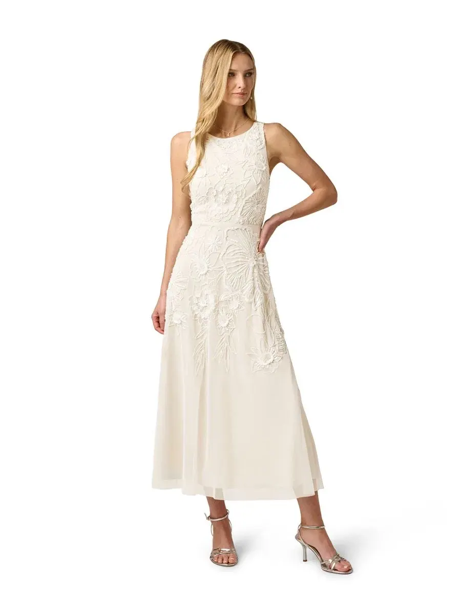 Платье миди с бисером и сеткой, модель Beaded Mesh Crewneck Midi Dress Adrianna Papell