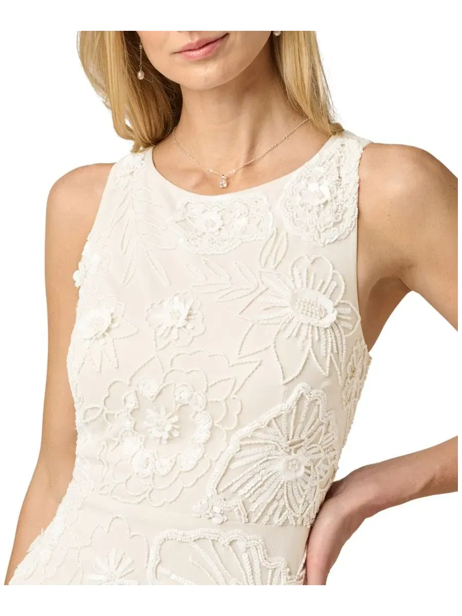 Платье миди с бисером и сеткой, модель Beaded Mesh Crewneck Midi Dress Adrianna Papell — изображение 2 из 6, слоновая кость