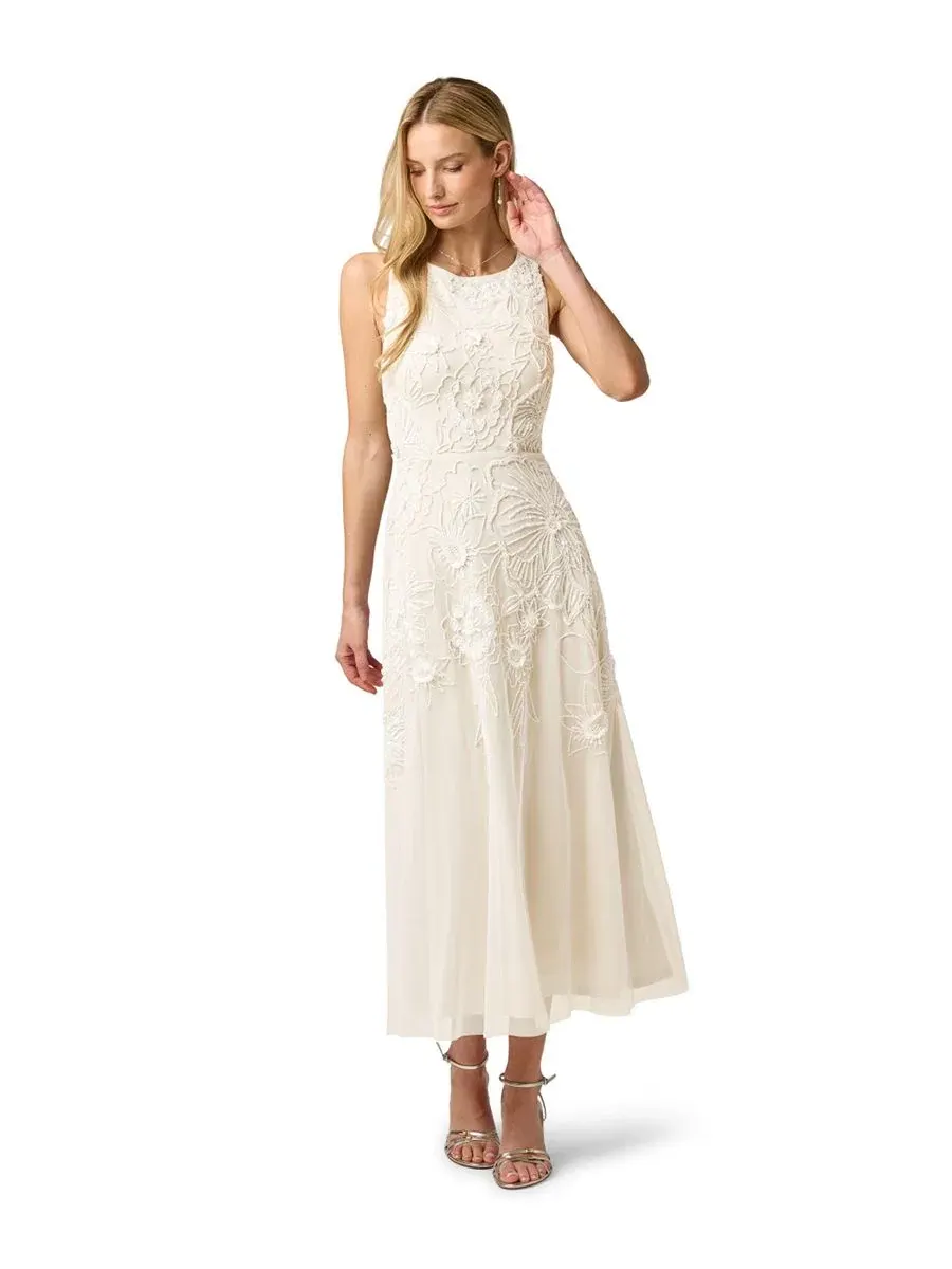Платье миди с бисером и сеткой, модель Beaded Mesh Crewneck Midi Dress Adrianna Papell — изображение 6 из 6, слоновая кость