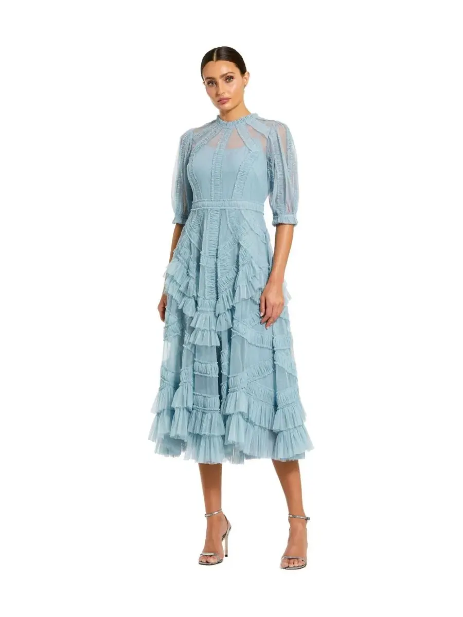 Платье-миди с высоким воротником и пышными рукавами Petite Illusion High Neck Tiered Ruffle A-Line — изображение 1 из 4