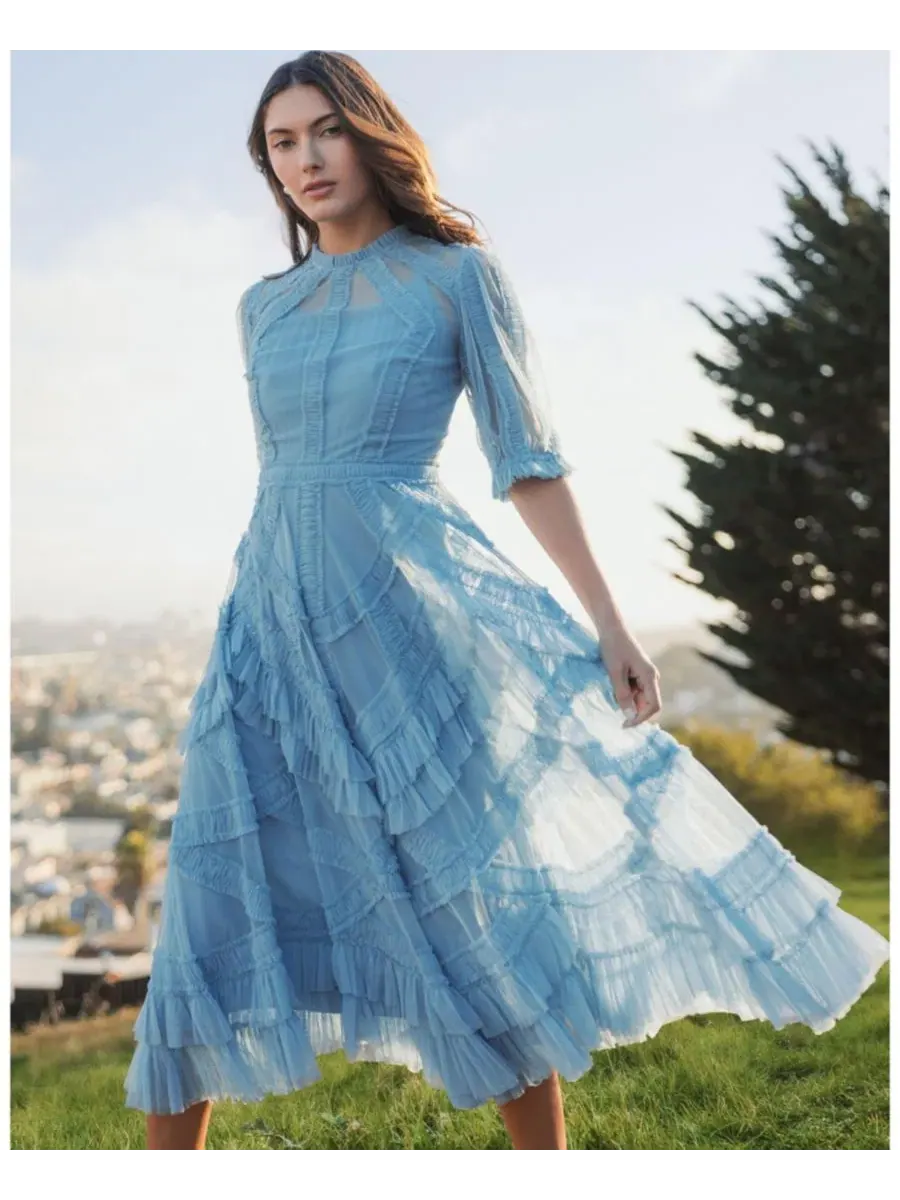 Платье-миди с высоким воротником и пышными рукавами Petite Illusion High Neck Tiered Ruffle A-Line — изображение 4 из 4