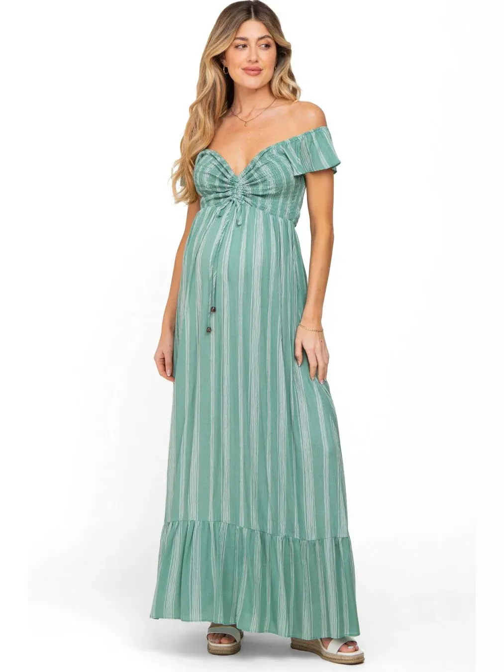 Платье макси с открытыми плечами и завязкой спереди Striped Off Shoulder Front Tie Maternity Maxi — изображение 1 из 7