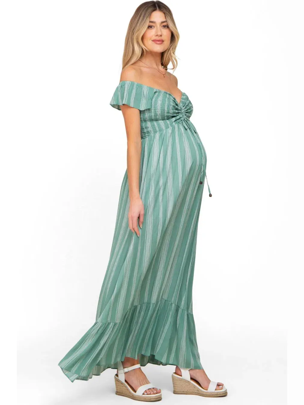 Платье макси с открытыми плечами и завязкой спереди Striped Off Shoulder Front Tie Maternity Maxi — изображение 5 из 7