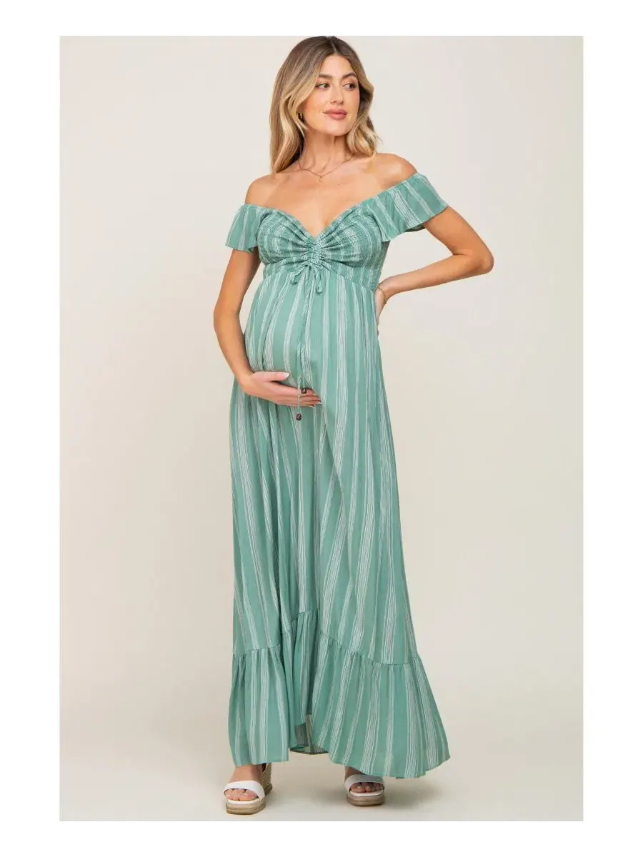 Платье макси с открытыми плечами и завязкой спереди Striped Off Shoulder Front Tie Maternity Maxi — изображение 6 из 7