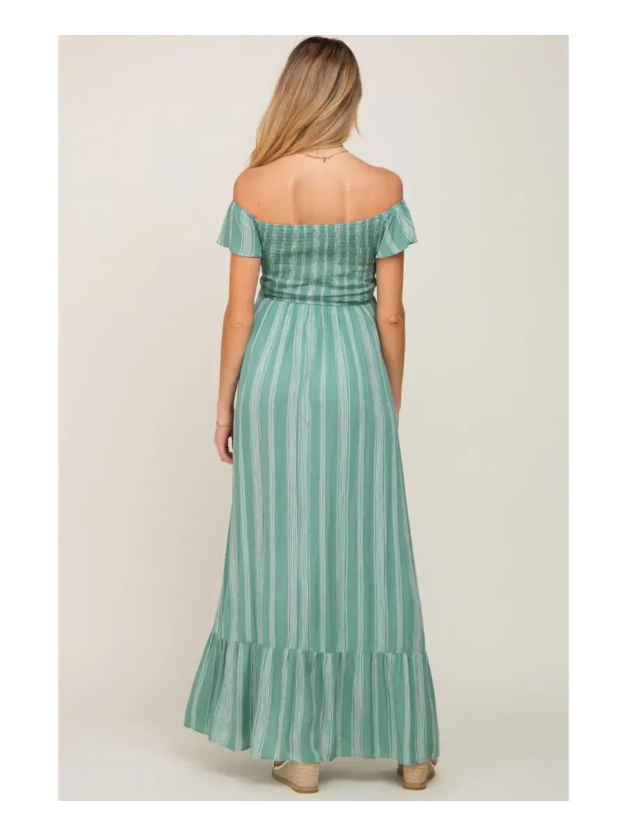 Платье макси с открытыми плечами и завязкой спереди Striped Off Shoulder Front Tie Maternity Maxi — изображение 7 из 7