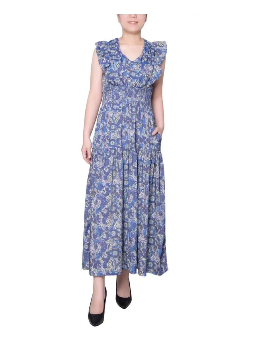 Платье миди с рукавом-фонарик Petite Flutter Sleeve Midi Dress NY Collection — изображение 1 из 4, синий