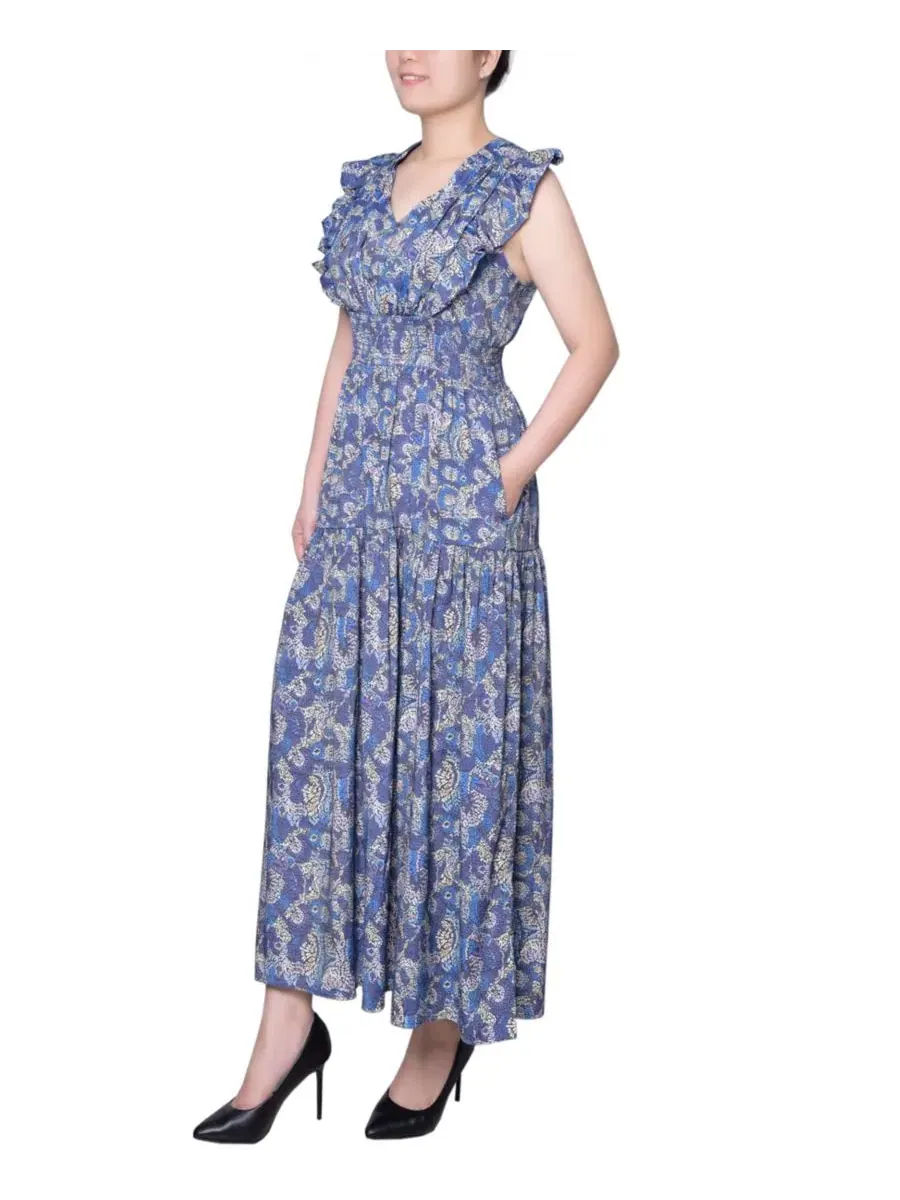 Платье миди с рукавом-фонарик Petite Flutter Sleeve Midi Dress NY Collection — изображение 3 из 4, синий