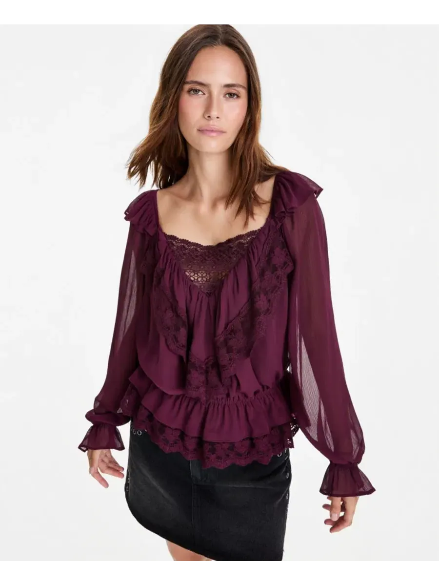 Женский топ с длинным рукавом и кружевной отделкой, модель Ruffle Long-Sleeve Lace-Trim Top And Now