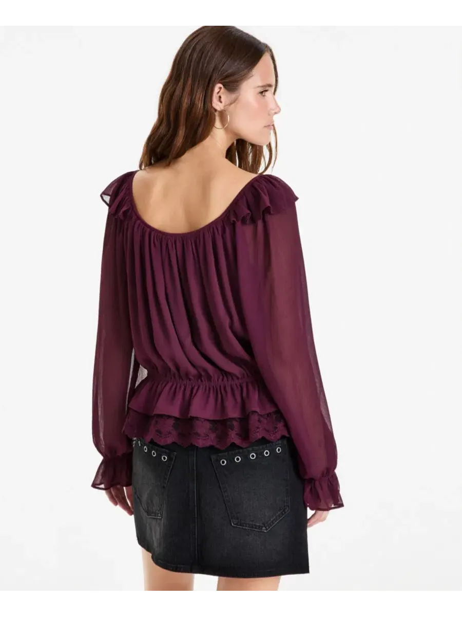 Женский топ с длинным рукавом и кружевной отделкой, модель Ruffle Long-Sleeve Lace-Trim Top And Now — изображение 2 из 3
