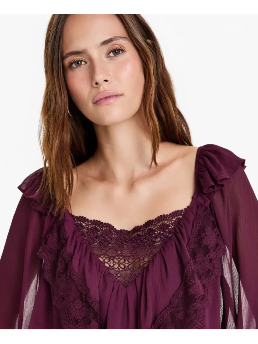 Женский топ с длинным рукавом и кружевной отделкой, модель Ruffle Long-Sleeve Lace-Trim Top And Now — изображение 3 из 3