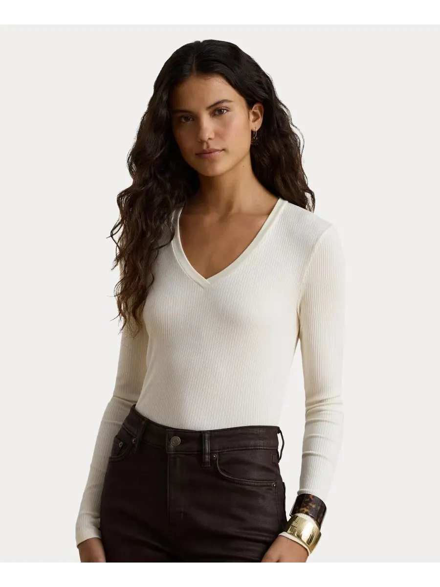 Женский топ с V-образным вырезом и длинным рукавом Rib-Knit Lauren Ralph Lauren — изображение 1 из 6, кремовый