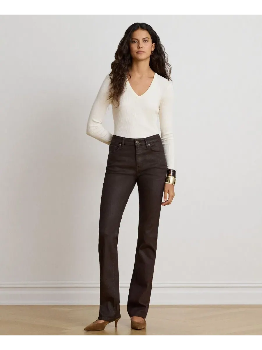 Женский топ с V-образным вырезом и длинным рукавом Rib-Knit Lauren Ralph Lauren — изображение 2 из 6, кремовый