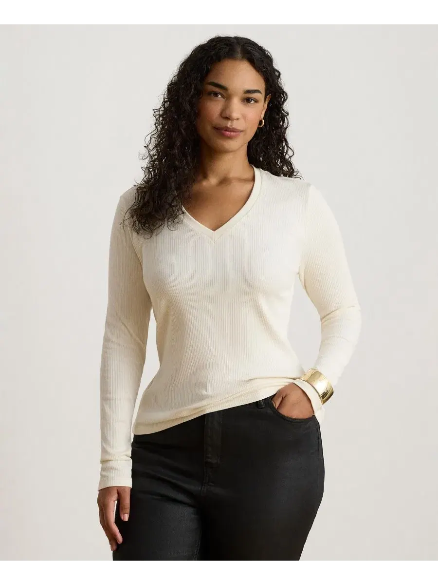 Женский топ с V-образным вырезом и длинным рукавом Rib-Knit Lauren Ralph Lauren — изображение 4 из 6, кремовый
