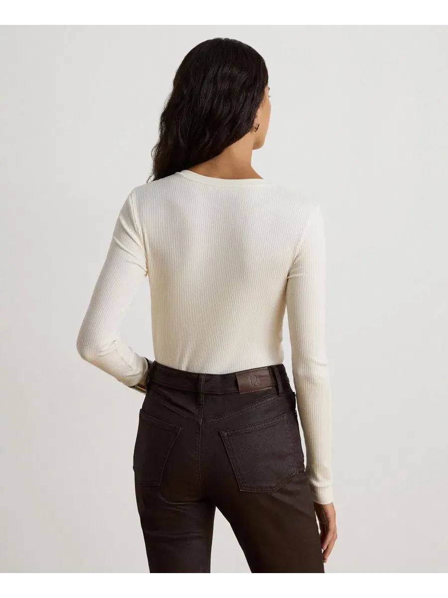 Женский топ с V-образным вырезом и длинным рукавом Rib-Knit Lauren Ralph Lauren — изображение 6 из 6, кремовый