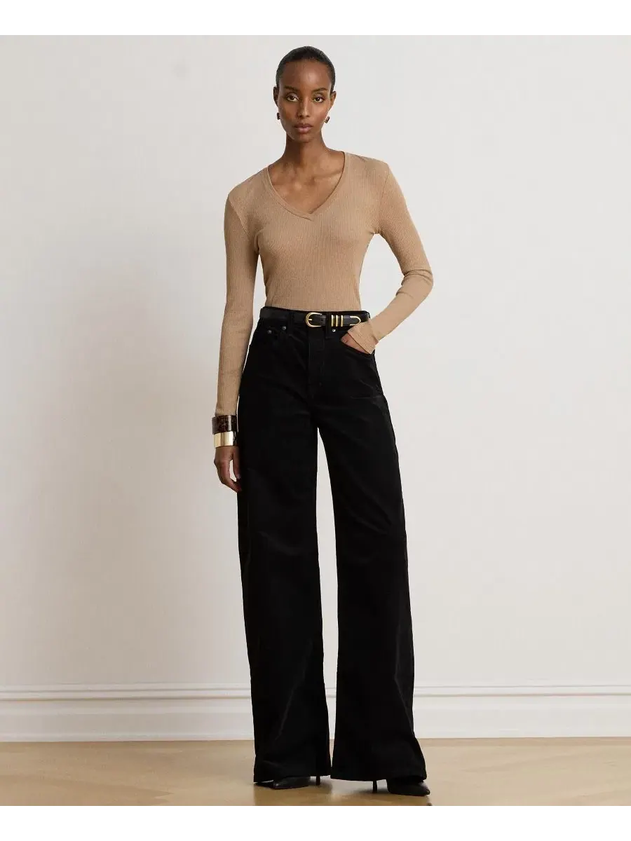 Женский топ с V-образным вырезом и длинным рукавом из рибаны Lauren Ralph Lauren — изображение 3 из 6, коричневый